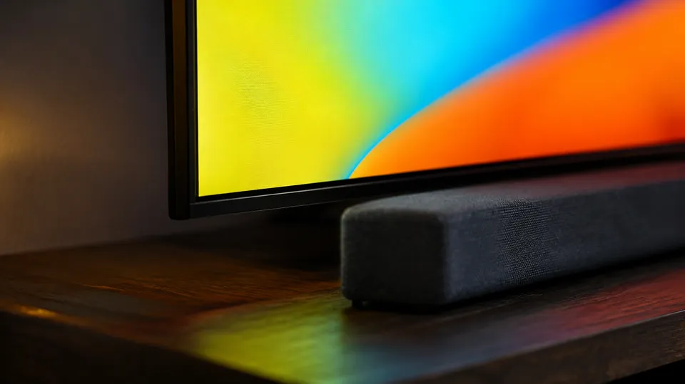 Nærbillede af hjørnet af et fladskærms-tv med abstrakte farver på skærmen og en soundbar nedenunder