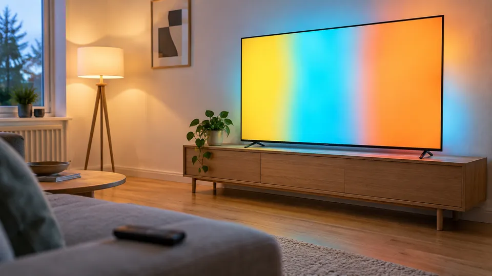 Stue om aftenen med et fladskærms-tv, der viser abstrakte farvebånd i gult, cyan og orange