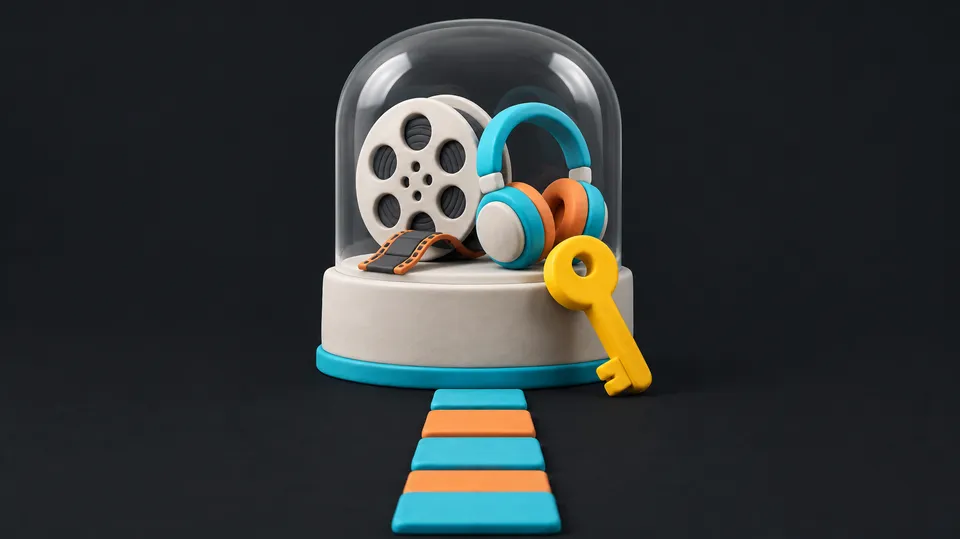 Illustration i ler: filmrulle og hovedtelefoner under en beskyttende glaskuppel med en stor nøgle ved siden af