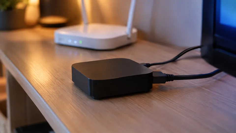Lille sort streamingboks med HDMI-kabel på et tv-møbel og en router i baggrunden
