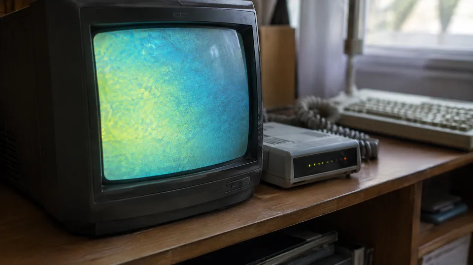 Gammelt billedrørs-tv og et opkaldsmodem fra internettets første år på en træhylde